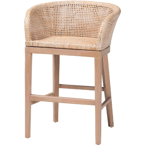 Papua Counter Stool in Antique White Washed Rattan & Mahogany Wood