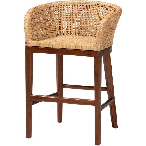 Papua Counter Stool in Walnut Brown Finish Wood & Natural Rattan