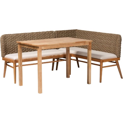 Denver 3 Piece Dining Nook Set in Seagrass, Acacia Wood & White Fabric