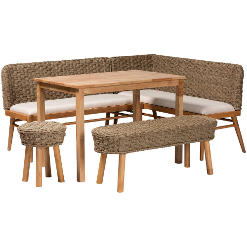 Denver 5 Piece Dining Nook Set in Seagrass, Acacia Wood & White Fabric