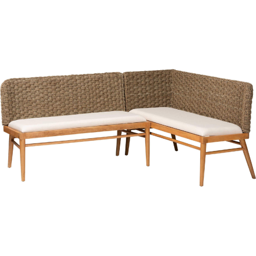 Denver 2 Piece Dining Nook Banquette Set in Seagrass, Acacia Wood & White Fabric