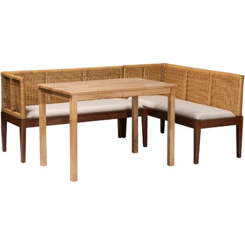 Tabanan 3 Piece Dining Nook set in Natural Rattan, Acacia Wood & White Fabric