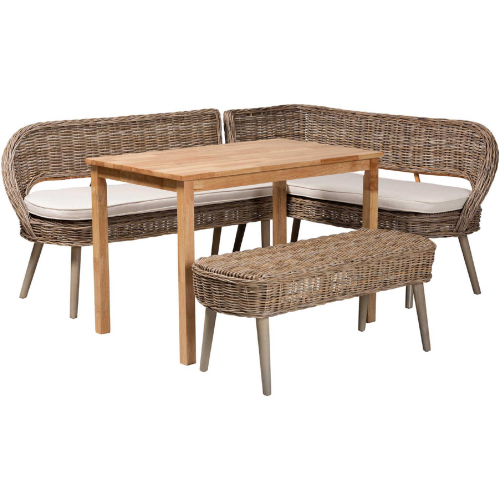 Raisa 4 Piece Dining Nook Set in Wood, Grey Wood, Kubu Rattan & White Fabric