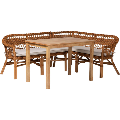 Nella 3 Piece Dining Nook Set in Natural Finish Wood, Rattan & White Fabric