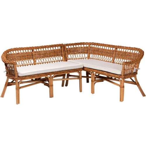 Nella 2 Piece Dining Nook Banquette Set in Natural Brown Rattan & White Fabric