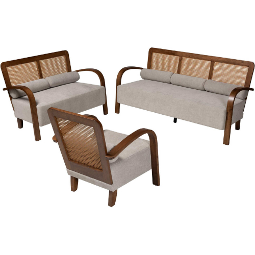 Sage 3 Piece Sofa Set in Walnut Brown Finish Wood, Rattan & Light Grey Velvet