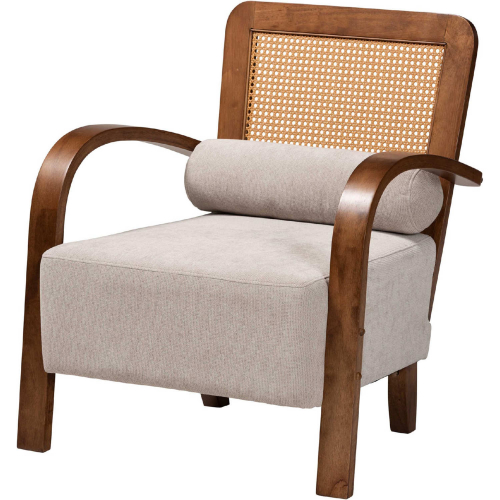 Sage Accent Arm Chair in Walnut Brown Finish Wood, Rattan & Light Grey Velvet