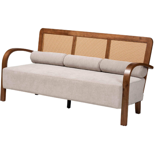 Sage Sofa in Walnut Brown Finish Wood, Rattan & Light Grey Velvet