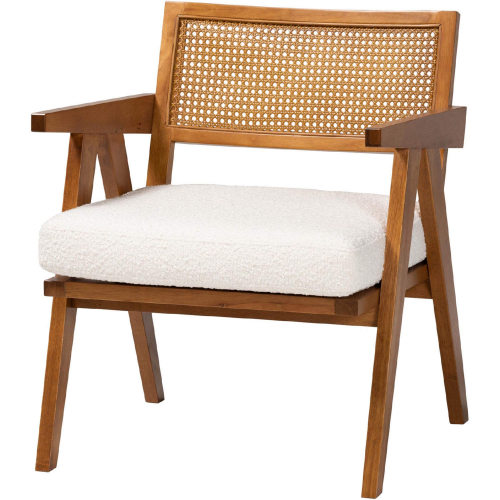 Jetsam Accent Arm Chair in Walnut Finish, Rattan & Cream Boucle Fabric