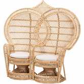 Nerita Two Seat Double Peacock Chair in Natural Rattan & White Fabric