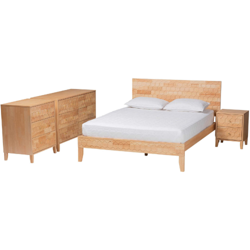 Hosea Queen 4 Piece Bedroom Set in Natural Finish Carved Honeycomb Wood