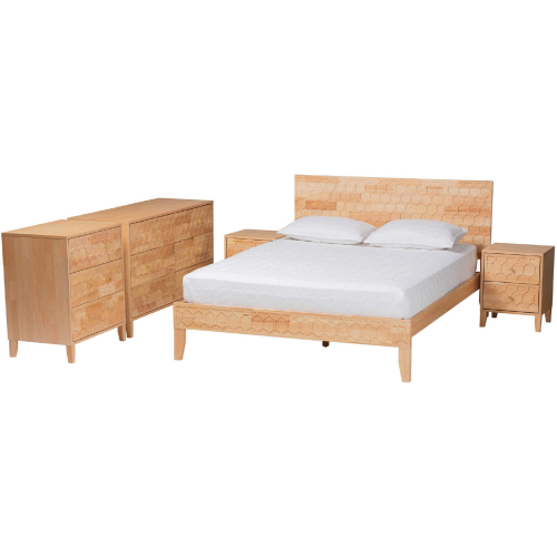 Hosea Queen 5 Piece Bedroom Set in Natural Finish Carved Honeycomb Wood