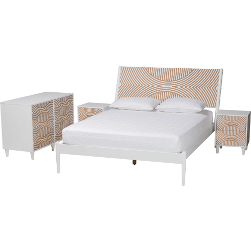 Louetta King 4 Piece Bedroom Set in Carved Coastal White & Natural Wood