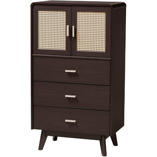 Giancarlo 3 Drawer Storage Chest in Espresso Brown Wood & Rattan