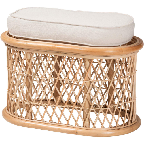 Ladonna Ottoman in Natural Rattan & Neutral Fabric