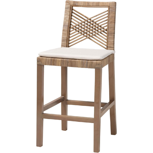 Poltak Counter Stool in Rustic Taupe Mahogany, Grey Kubu Rattan & White Fabric