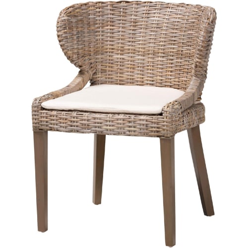 Niesha Dining Chair in Rustic Taupe Mahogany, Grey Kubu Rattan & White Fabric