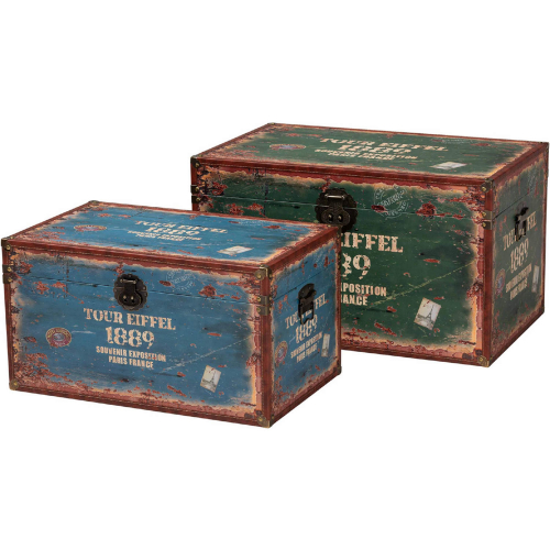 Sabeen Storage Trunk Set in Green & Blue Wood & Leatherette (Set of 2)