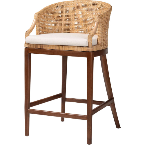 Lumajang Bar Stool in Wood, Light Honey Rattan & White Fabric