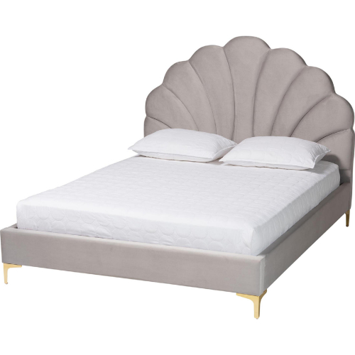 Acosta Queen Platform Bed w/ Seashell Headboard in Light Grey Velvet & Gold