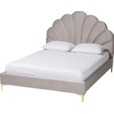 Acosta Queen Platform Bed w/ Seashell Headboard in Light Grey Velvet & Gold