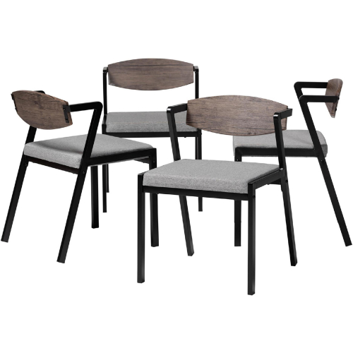 Revelin Dining Chair in Grey Fabric, Wood & Black Metal (Set of 4)