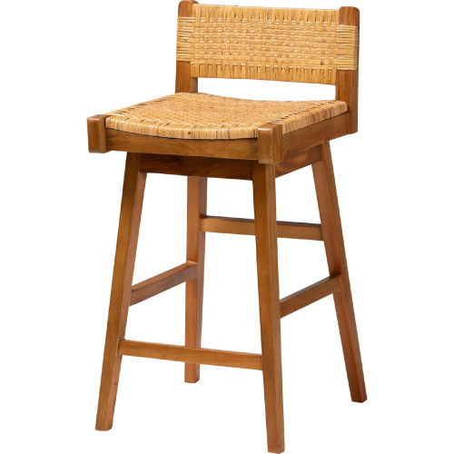 Asgart Bar Stool in Light Honey Mahogany Wood & Natural Rattan