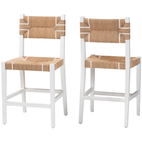 Talli Counter Stool in White Mahogany Wood & Brown Paper Loom (Set of 2)