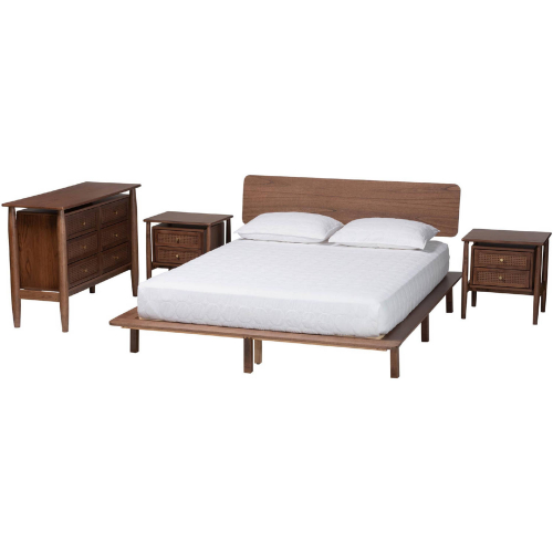 Alyssa 4 Piece Queen Bedroom Set in Walnut Brown Finish Wood & Rattan