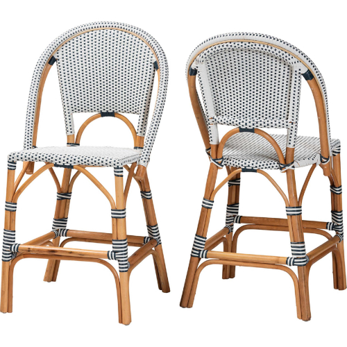 Genica Counter Stool in Natural Brown Rattan w/ Navy Blue & White Poly (Set of 2)