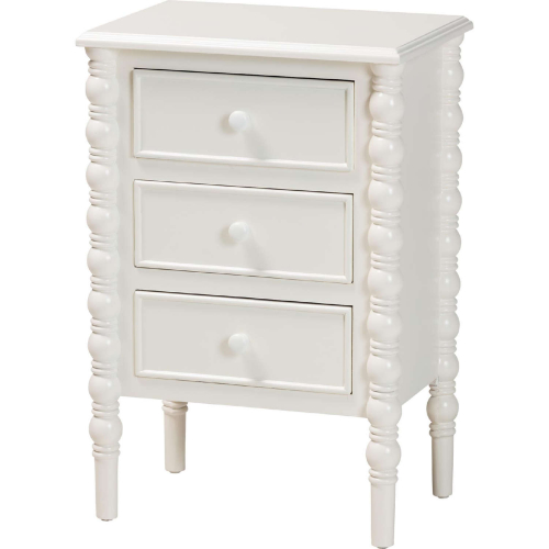 Malinda 3 Drawer End Table in White Wood w/ Spindle Legs