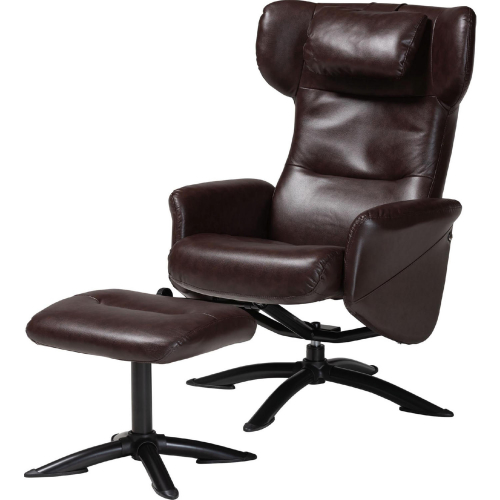 Elwood Lounge Accent Chair & Ottoman Set in Brown Leatherette & Black Metal