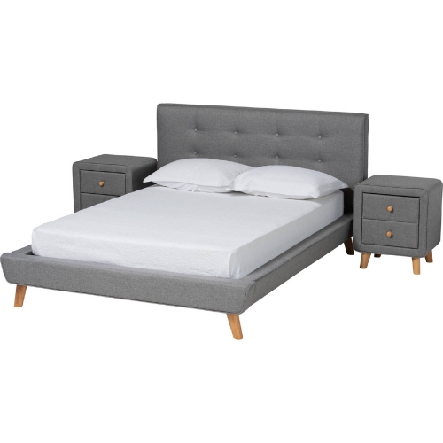 Jonesy 3 Queen Piece Bedroom Set in Tufted Grey Fabric & Wood