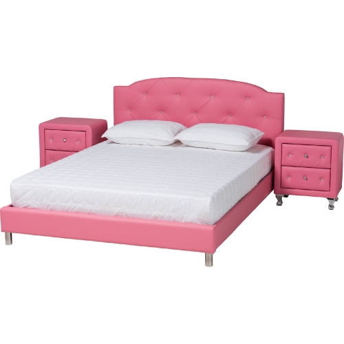 Canterbury 3 Piece Full Bedroom Set in Faux Crystal Tufted Pink Leatherette