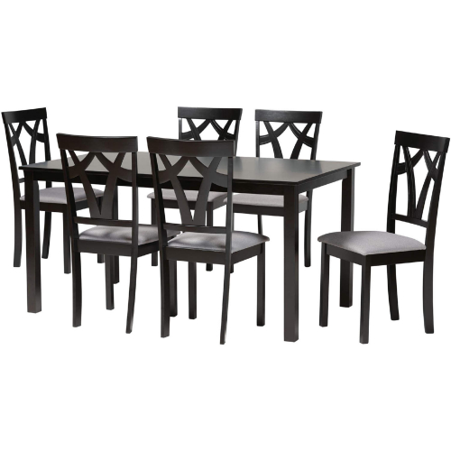 Sylvia 7 Piece Dining Set in Dark Brown Wood & Grey Fabric