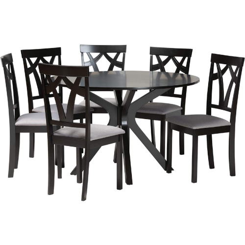 Luise 7 Piece Dining Set in Dark Brown Wood & Grey Fabric