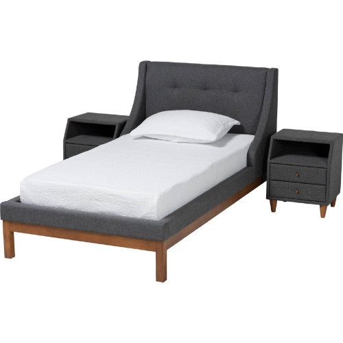 Louvain 3 Piece Twin Bedroom Set in Tufted Dark Grey Fabric & Wood