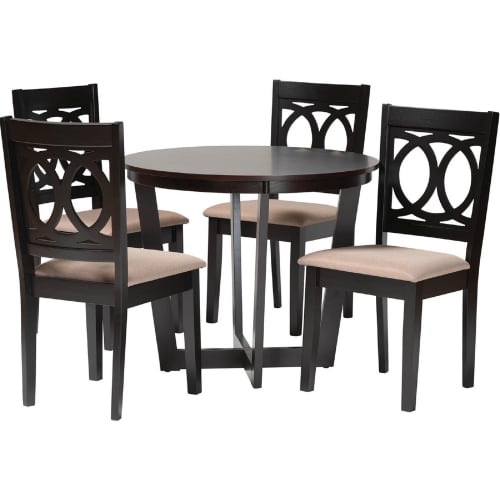 Kara 5 Piece Dining Set in Espresso Dark Brown Finish Wood & Sand Fabric