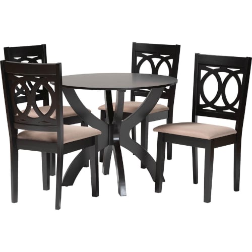 Rita 5 Piece Dining Set in Espresso Dark Brown Finish Wood & Sand Fabric