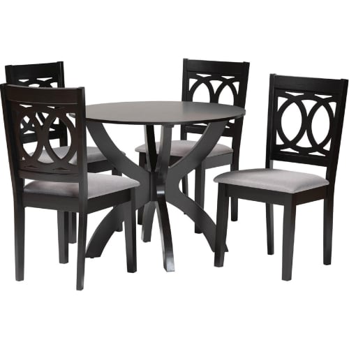 Rita 5 Piece Dining Set in Espresso Dark Brown Finish Wood & Grey Fabric