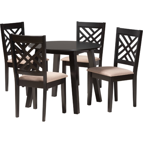 Ellie 5 Piece Dining Set in Dark Brown Wood & Beige Fabric