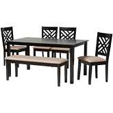 Gustavo 6 Piece Dining Set in Walnut Brown Finish Wood & Sand Fabric