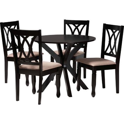 Maya 5 Piece Dining Set in Espresso Brown Wood & Beige Fabric