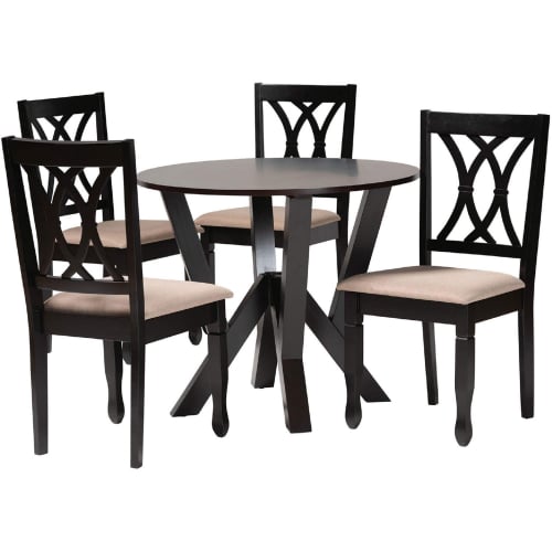 Irene 5 Piece Dining Set in Dark Brown Wood & Sand Fabric