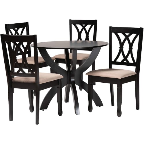 April 5 Piece Dining Set in Dark Brown Wood & Sand Fabric