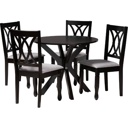 Maya 5 Piece Dining Set in Espresso Brown Wood & Grey Fabric