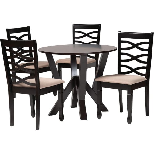 Ariane 5 Piece Dining Set in Dark Brown Wood & Sand Fabric