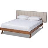 Brita King Bed in Tufted Light Beige Fabric & Walnut Finish