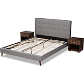 Maren Queen Bed & 2 Nightstands in Gray Fabric & Walnut Finish