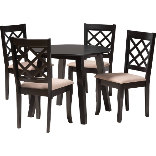 Lexi 5 Piece Dining Set in Dark Brown Wood & Beige Fabric